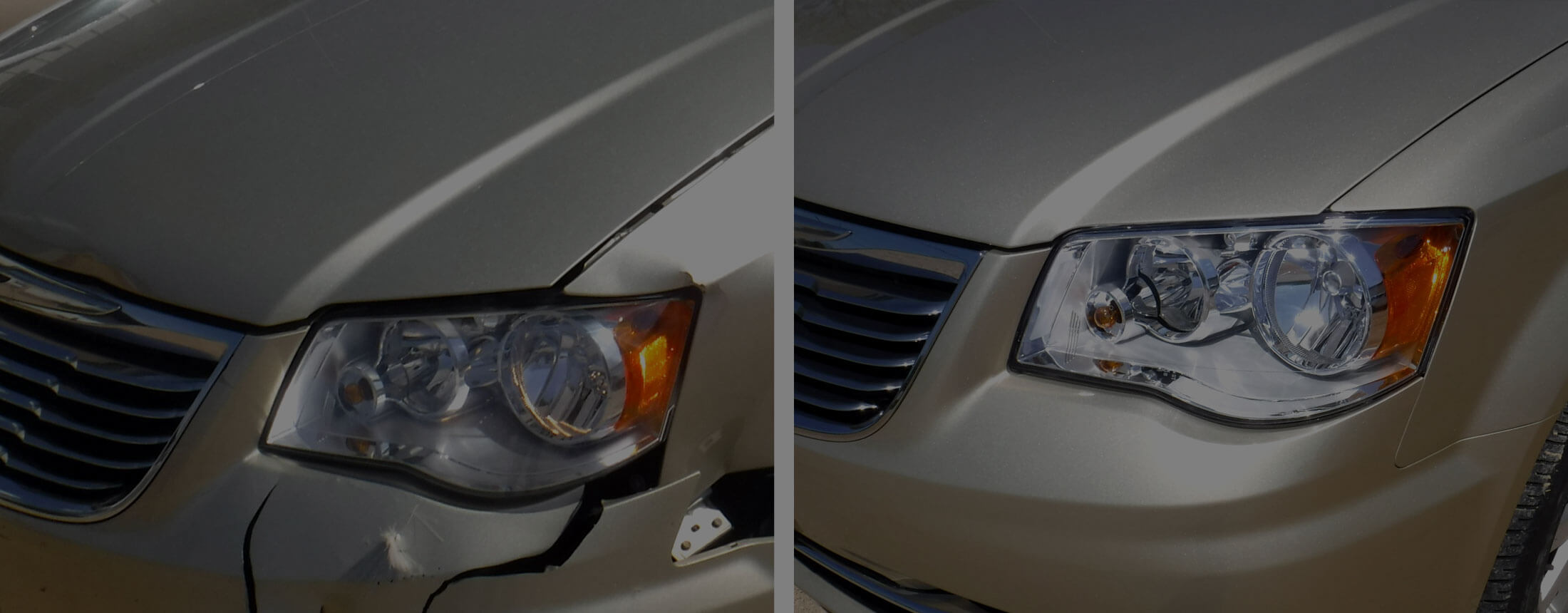 Before and after photos of a van with a damaged front bumper and headlight repaired by Wayne's Auto Body